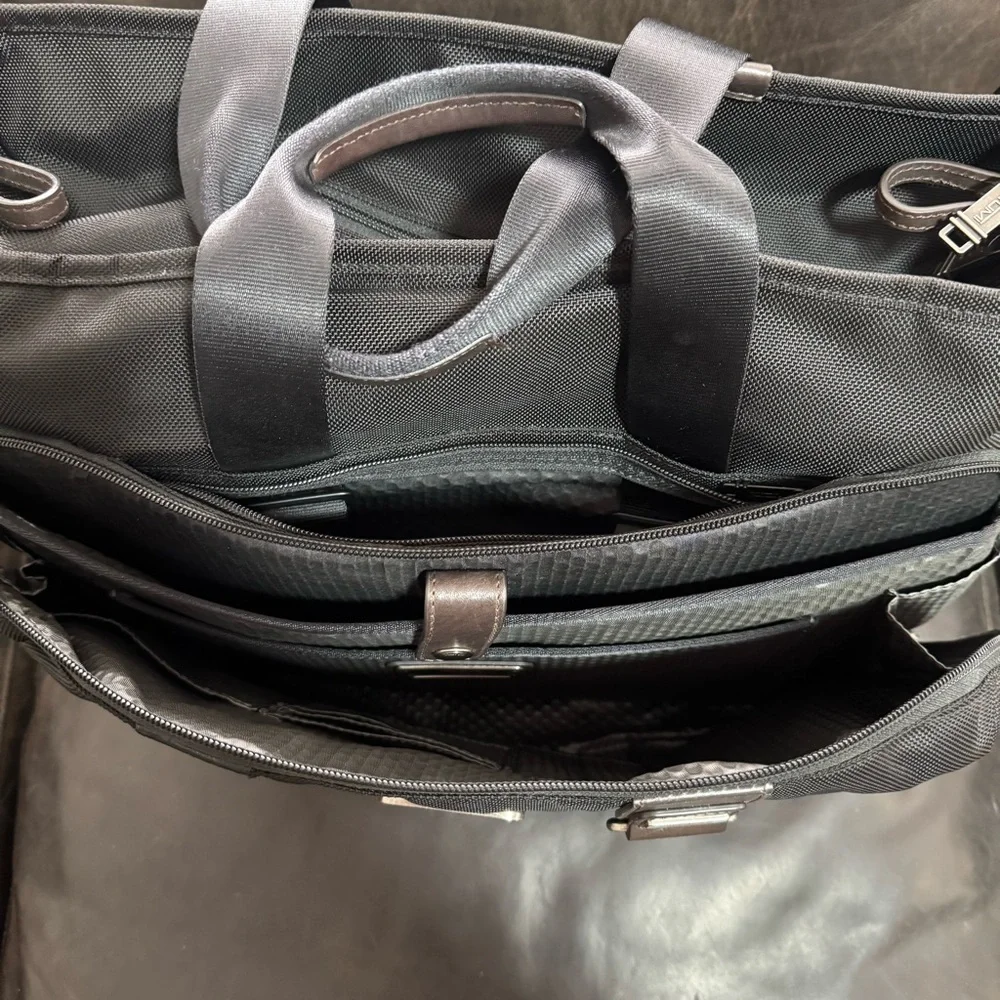 Tumi Black Nylon Travel Briefcase Tote with Leather Trim